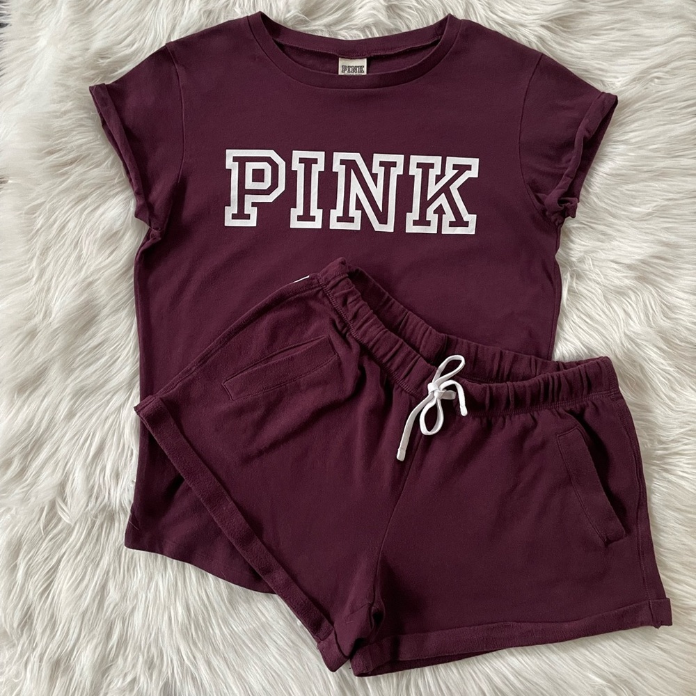 Victoria’s Secret/Pink Perfect Tee & Sweat Shorts (Burgundy - Size Sm) Pre-owned